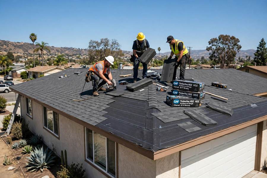 Roofers installing new architectural shingles on a Northridge ranch house