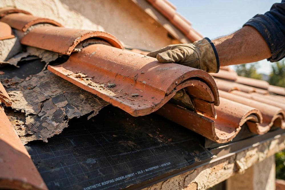 Roofer lifting clay tiles to replace failed underlayment on a tile roof