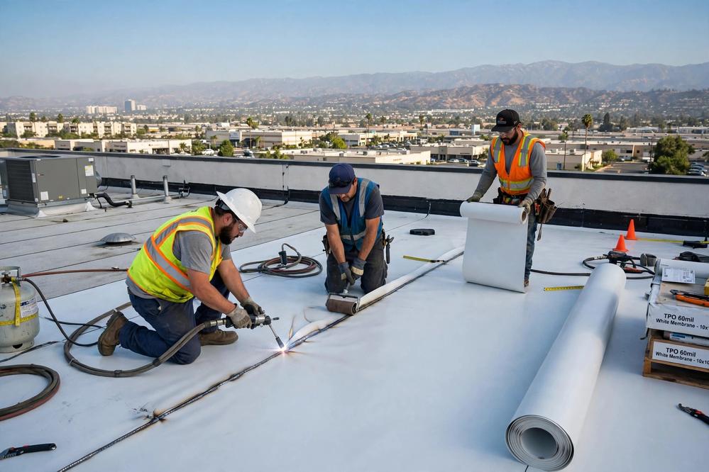 Workers installing white TPO membrane on a flat low-slope roof
