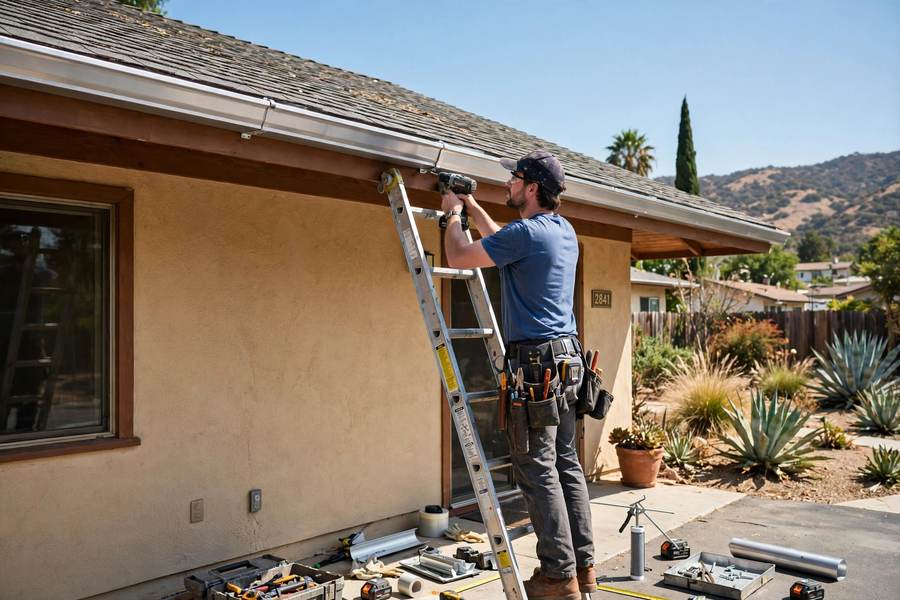 Worker installing a new seamless gutter along a ranch house eave