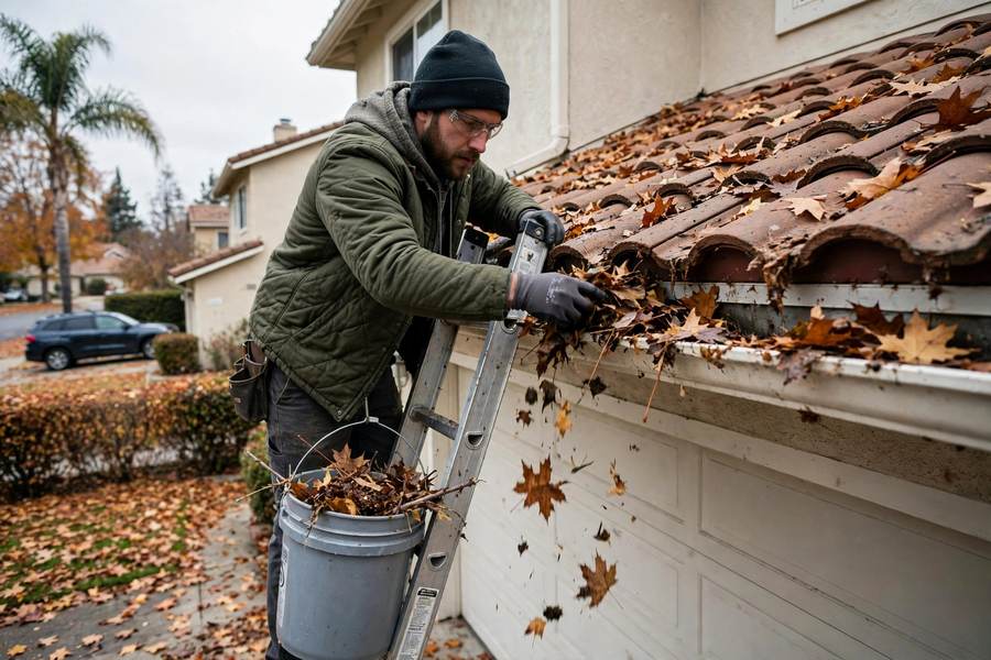 Worker cleaning leaves and debris from a clogged gutter