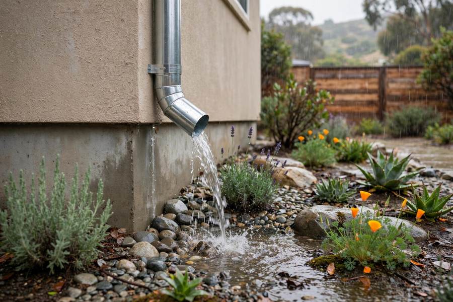 New metal downspout draining rainwater away from a house foundation