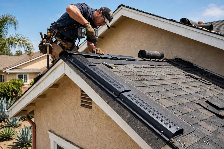 New ridge vent being installed along the peak of a shingle roof