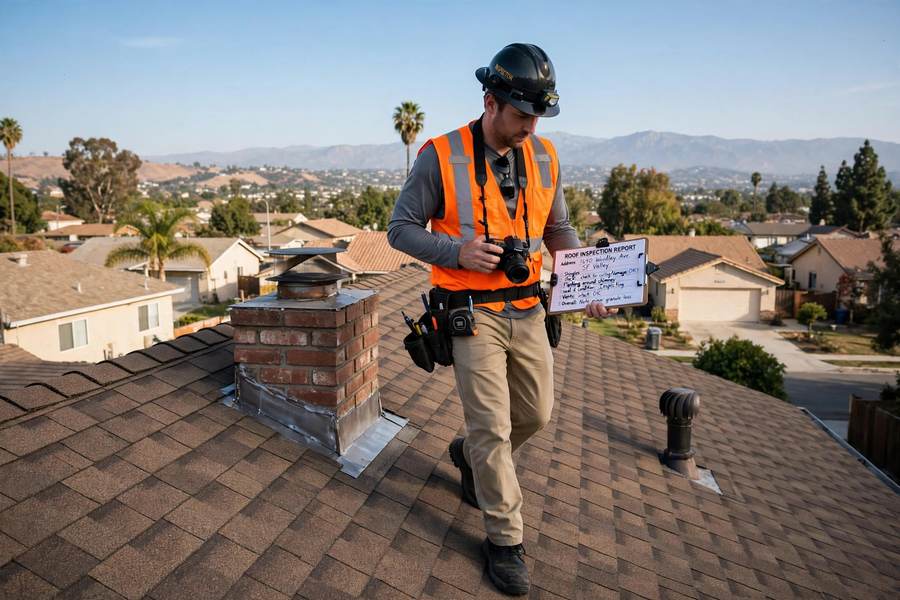 Roof inspector walking a residential shingle roof checking flashing and shingles