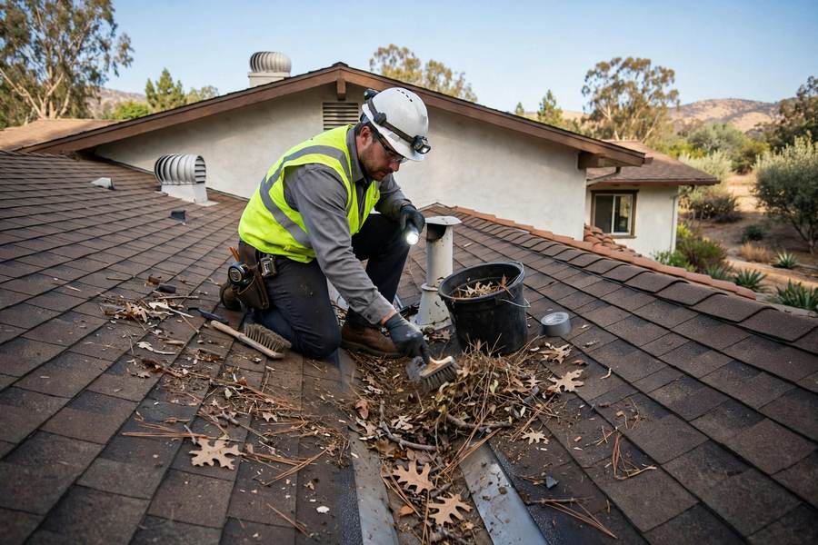 Worker clearing debris from a roof valley during routine roof maintenance