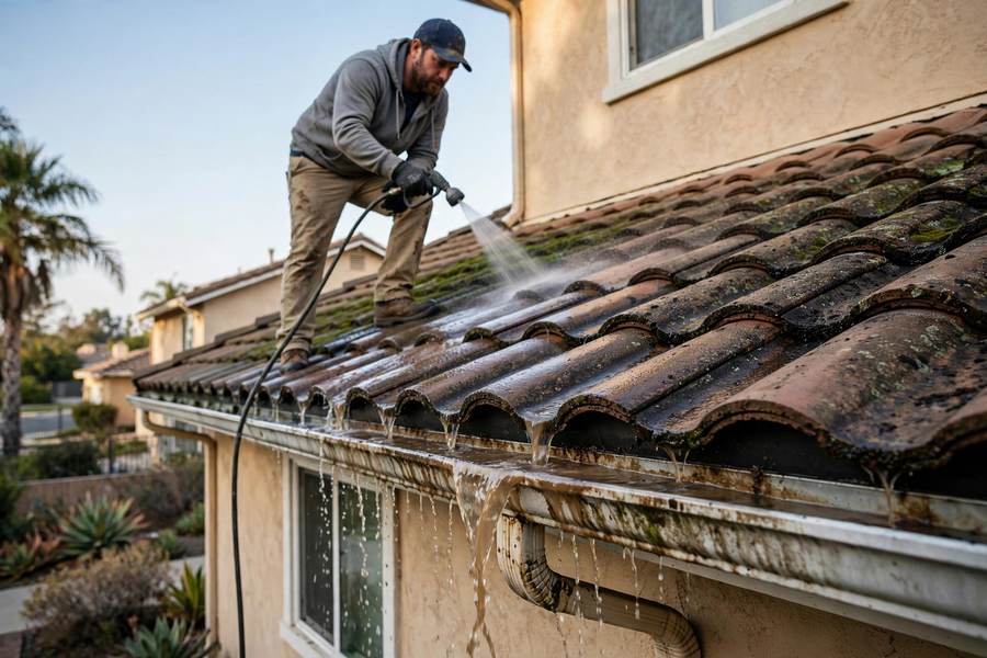 Worker softly washing a dirty tile roof with a low-pressure hose
