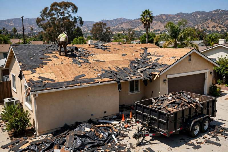 Full roof tear-off down to the plywood deck during a replacement