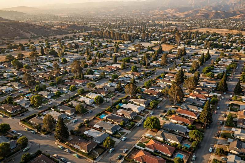Aerial view of a 1950s ranch neighborhood with shingle and tile roofs in the San Fernando Valley