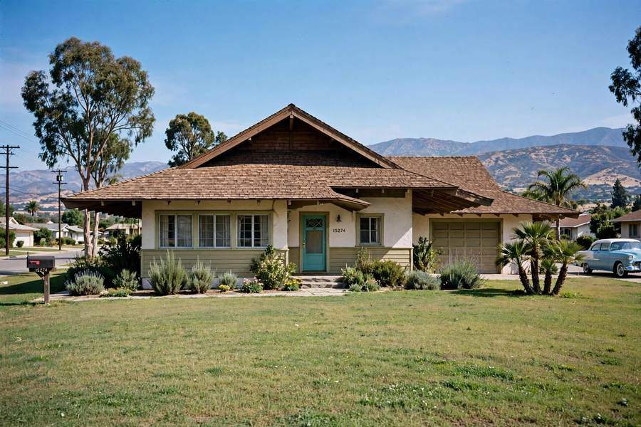 1950s ranch tract house with a wide-eaved gabled shingle roof in the San Fernando Valley