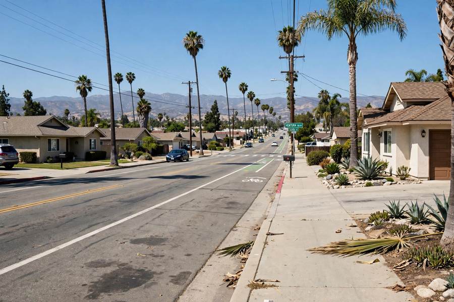 Wide arterial street in the San Fernando Valley with single-story homes and shingle roofs