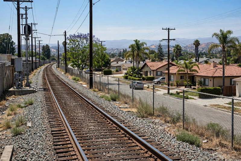 Railway corridor beside a residential street with tile-roofed houses beyond a fence