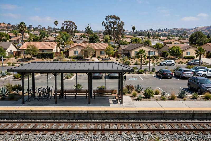 Small commuter rail station platform with shelter and parking in a California suburb