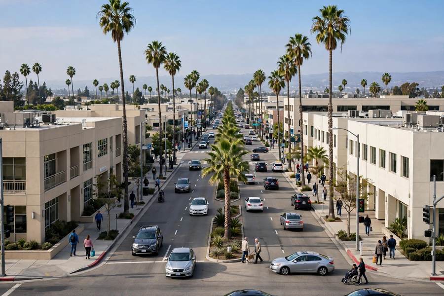 Commercial boulevard in the San Fernando Valley with medical office buildings and flat roofs