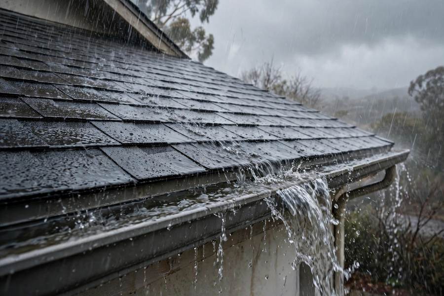 Rain falling on a California house roof with water flowing in the gutters