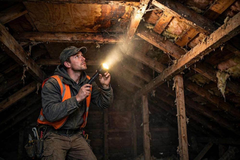 Roofer with a flashlight inspecting attic decking and rafters for a leak