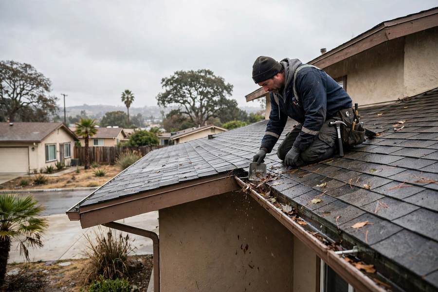 Roofer cleaning gutters and checking a shingle roof before winter rain