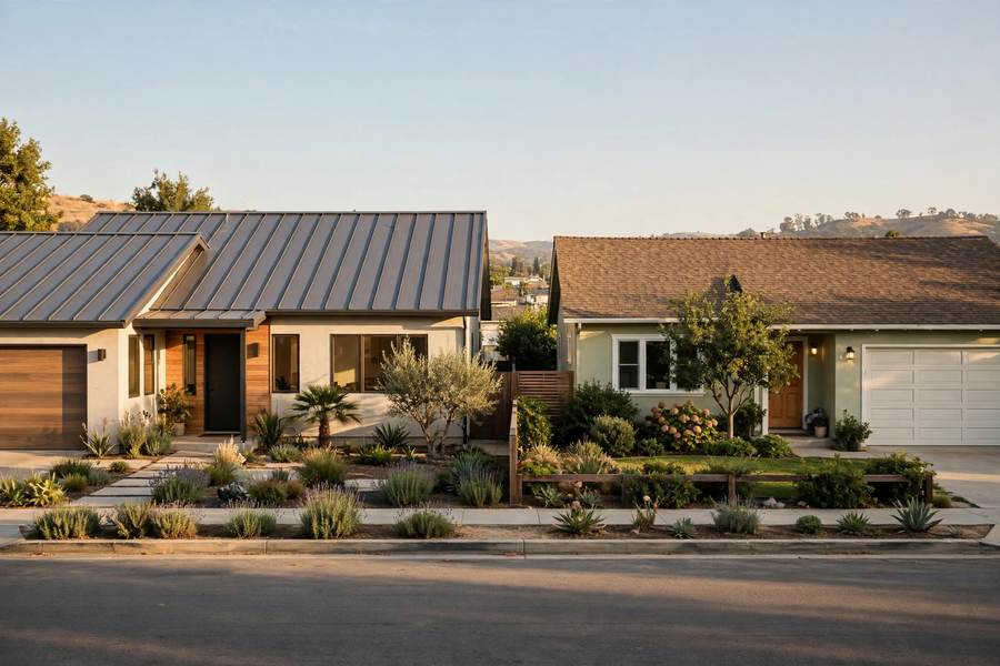 Neighbouring California ranch houses with a metal roof and a shingle roof in warm afternoon light